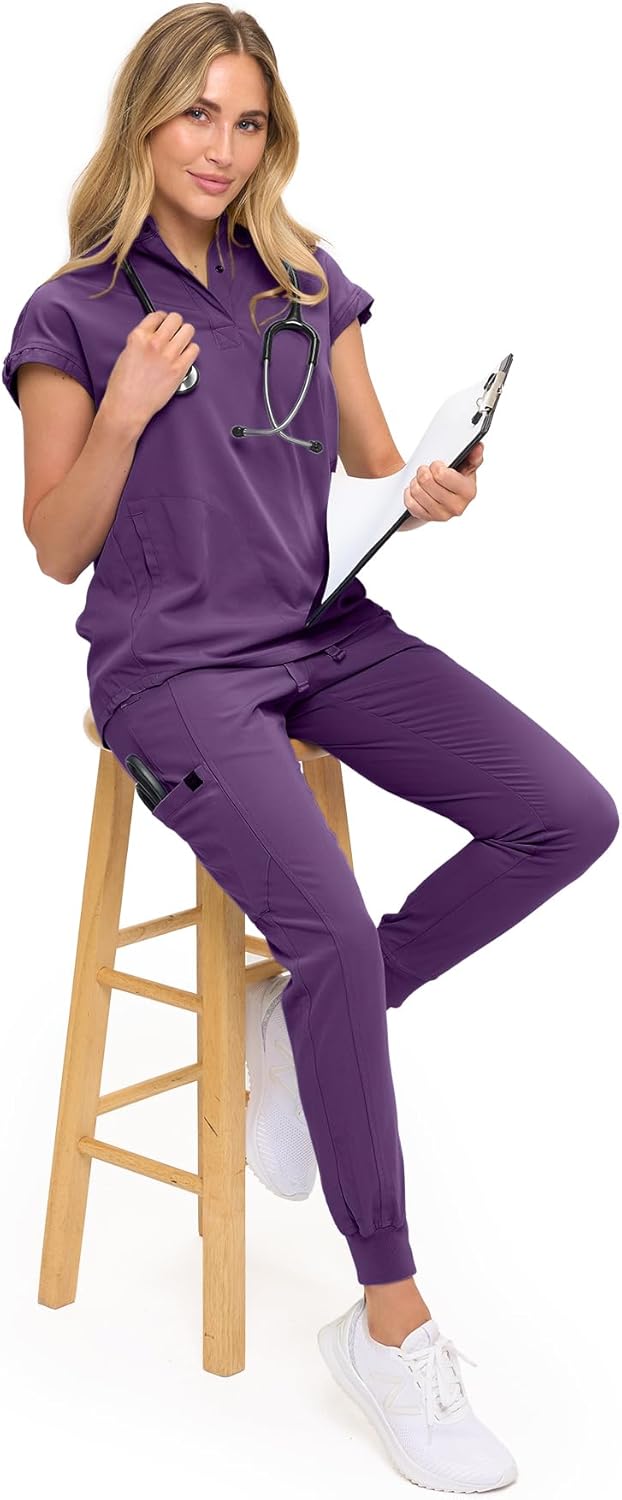 Monarch Uniforms Women's Soft Stretch Jogger Scrub Pants – Ultra Comfortable, Flexible Medical Uniform Pants - Eggplant