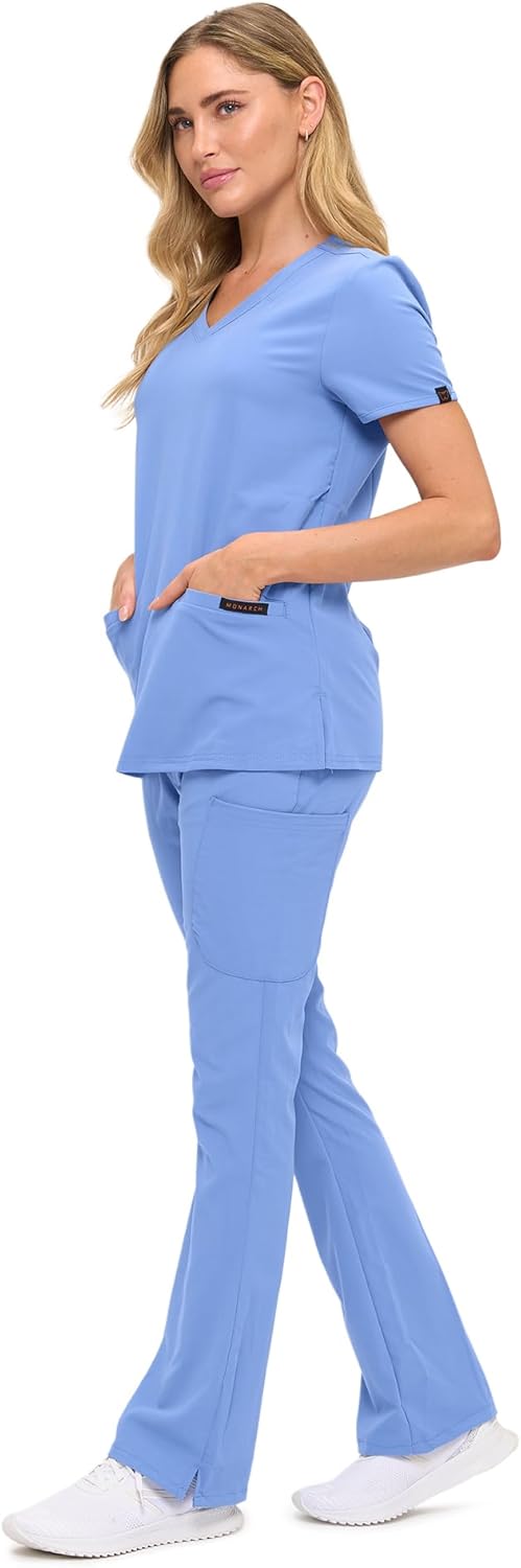 Monarch Uniforms Women's Soft Stretch Scrub Set With Nine Pockets – V-Neck Top & High-Waisted Bootcut Pants - Ceil Blue