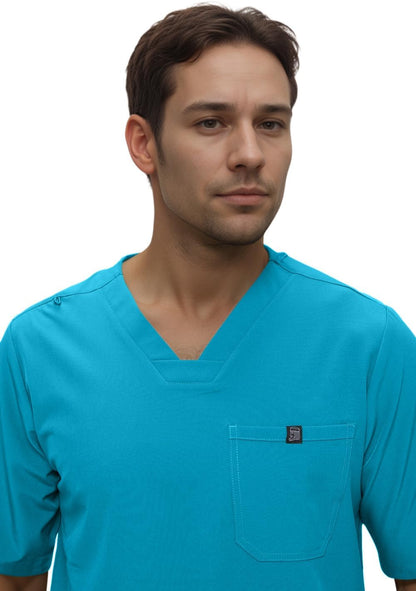 Monarch Uniforms Men's Jogger Scrub Set Tuck-in Scrubs for Men with Jogger Pants and One Pocket Top - Caribbean Blue