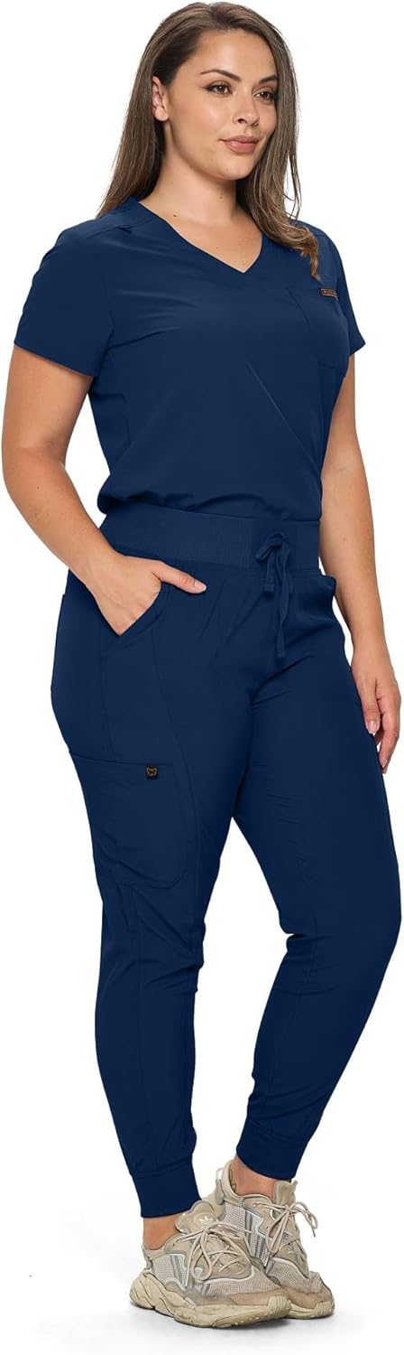 Monarch Uniforms Slim Fit Stretchy Scrubs Women's Jogger Scrub Set with Tuck-In Top - Navy