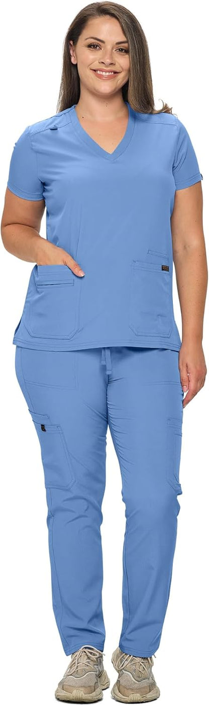 Monarch Uniforms Scrub Sets - Regular & Petite Stretchy Scrubs for Women - Set of Top & Pants - Ceil Blue
