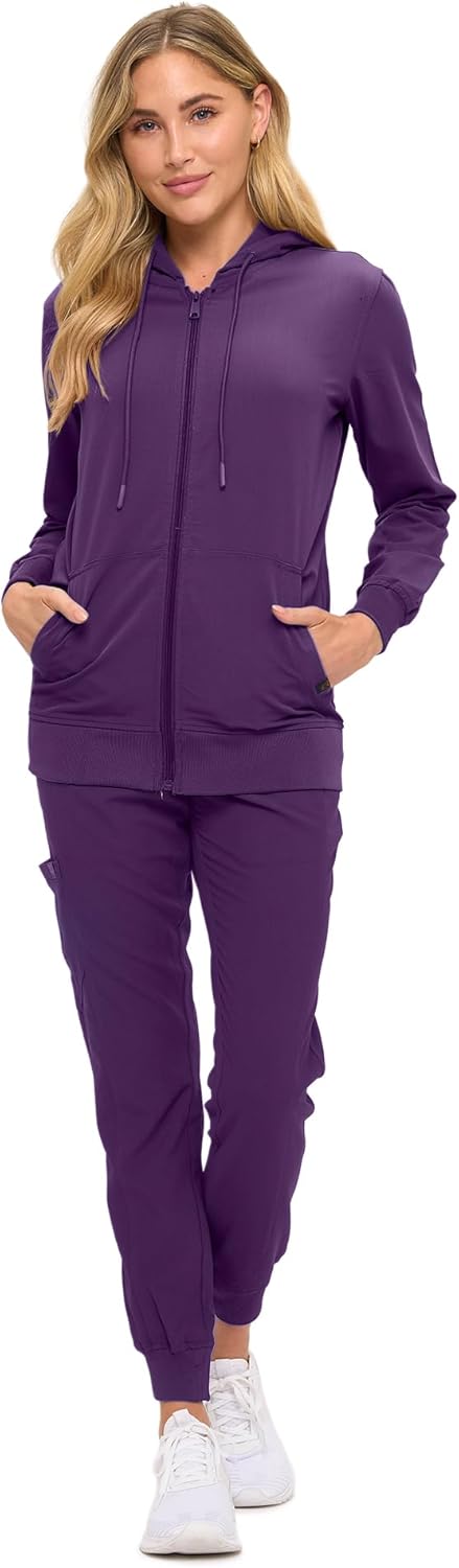 Monarch Uniforms Women's Scrub Jacket Hoodie – Lightweight Zip Up Nursing Jacket - Eggplant