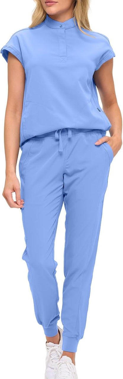 Monarch Uniforms Women's Jogger Scrub Set with Oversized Scrub Top with Mandarin Collar - Ceil Blue