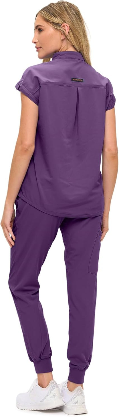 Monarch Uniforms Women's Jogger Scrub Set with Oversized Scrub Top with Mandarin Collar - Eggplant