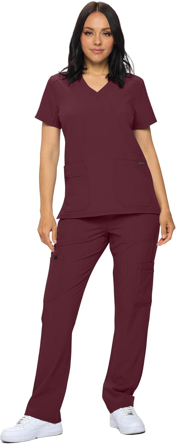 Monarch Uniforms Scrub Sets - Regular & Petite Stretchy Scrubs for Women - Set of Top & Pants - Burgundy