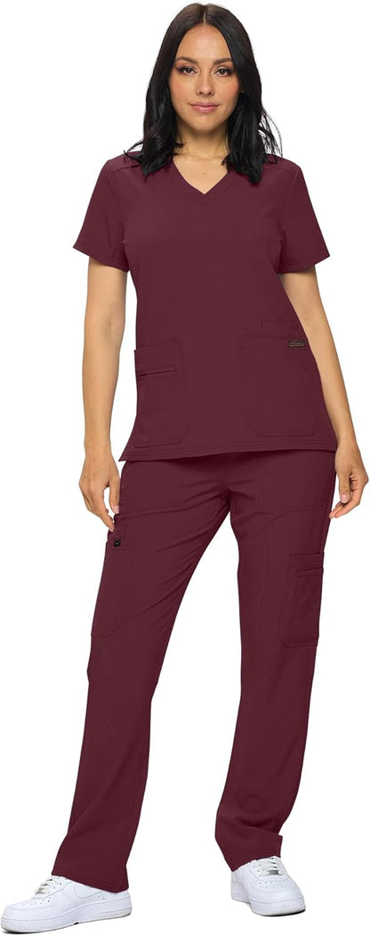 Monarch Uniforms Scrub Sets - Regular & Petite Stretchy Scrubs for Women - Set of Top & Pants - Burgundy