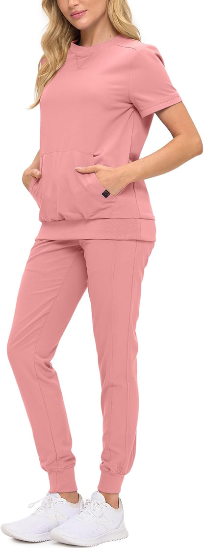Women’s Scrub Set – Soft Stretch Fabric, Modern Fit Jogger Pants & Crew Neck Top