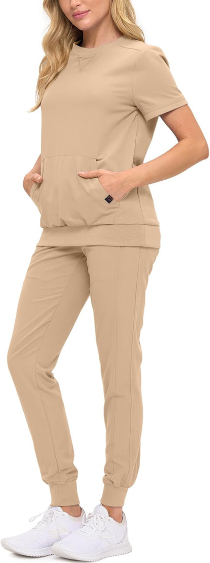 Women’s Scrub Set – Soft Stretch Fabric, Modern Fit Jogger Pants & Crew Neck Top