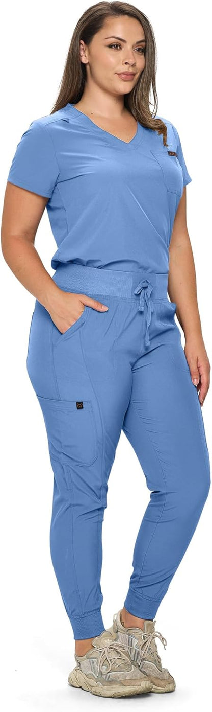 Monarch Uniforms Slim Fit Stretchy Scrubs Women's Jogger Scrub Set with Tuck-In Top - Ceil Blue