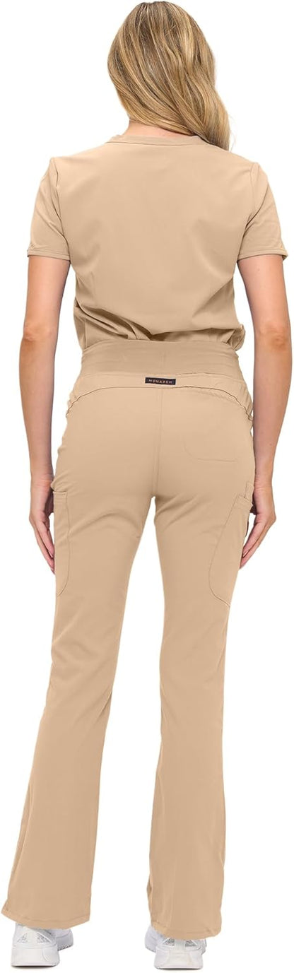 Monarch Uniforms Women's Soft Stretch Scrub Set With Nine Pockets – V-Neck Top & High-Waisted Bootcut Pants - Khaki