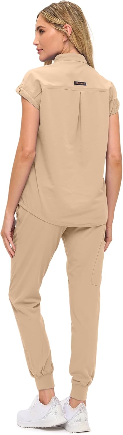Monarch Uniforms Women's Jogger Scrub Set with Oversized Scrub Top with Mandarin Collar - Khaki