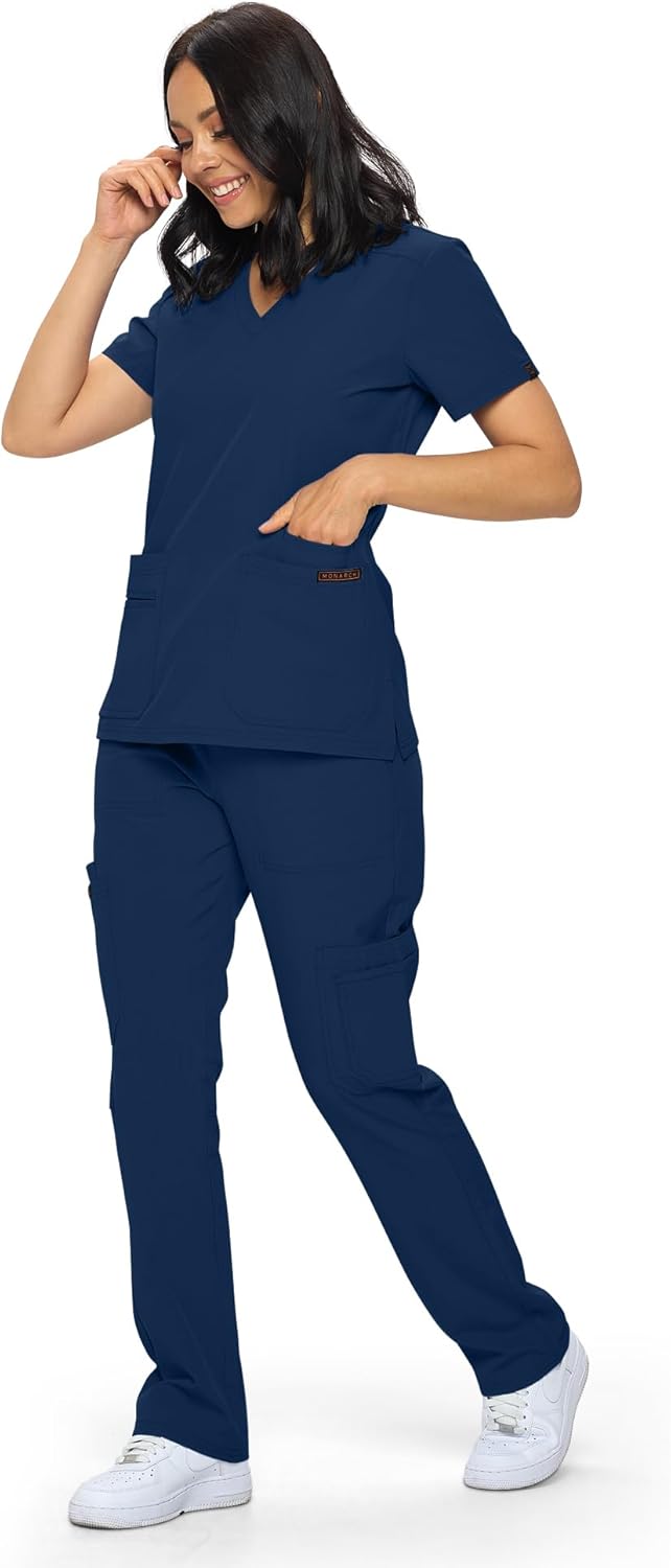 Monarch Uniforms Scrub Sets - Regular & Petite Stretchy Scrubs for Women - Set of Top & Pants - Navy
