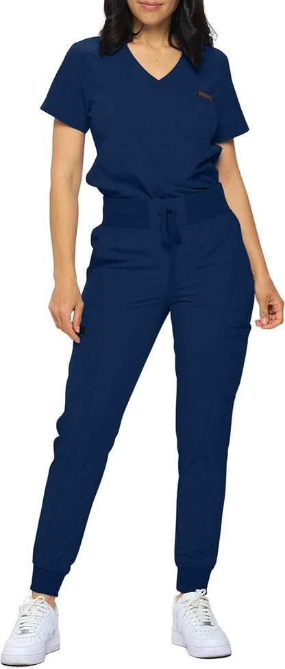 Monarch Uniforms Slim Fit Stretchy Scrubs Women's Jogger Scrub Set with Tuck-In Top - Navy