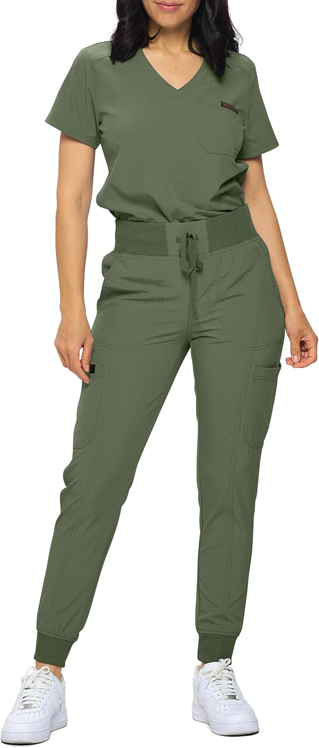 Monarch Uniforms Slim Fit Stretchy Scrubs Women's Jogger Scrub Set with Tuck-In Top - Olive Green
