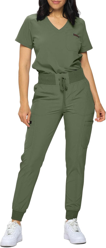 Monarch Uniforms Slim Fit Stretchy Scrubs Women's Jogger Scrub Set with Tuck-In Top - Olive Green
