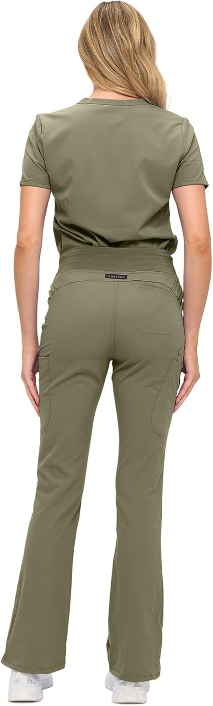Monarch Uniforms Women's Soft Stretch Scrub Set With Nine Pockets – V-Neck Top & High-Waisted Bootcut Pants - Olive