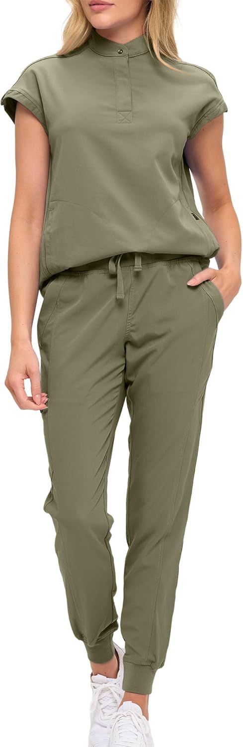 Monarch Uniforms Women's Jogger Scrub Set with Oversized Scrub Top with Mandarin Collar - Olive