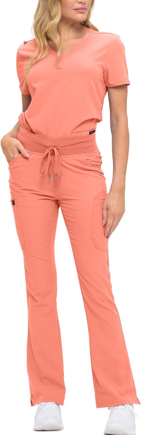 Monarch Uniforms Women's Soft Stretch Scrub Set With Nine Pockets – V-Neck Top & High-Waisted Bootcut Pants - Coral