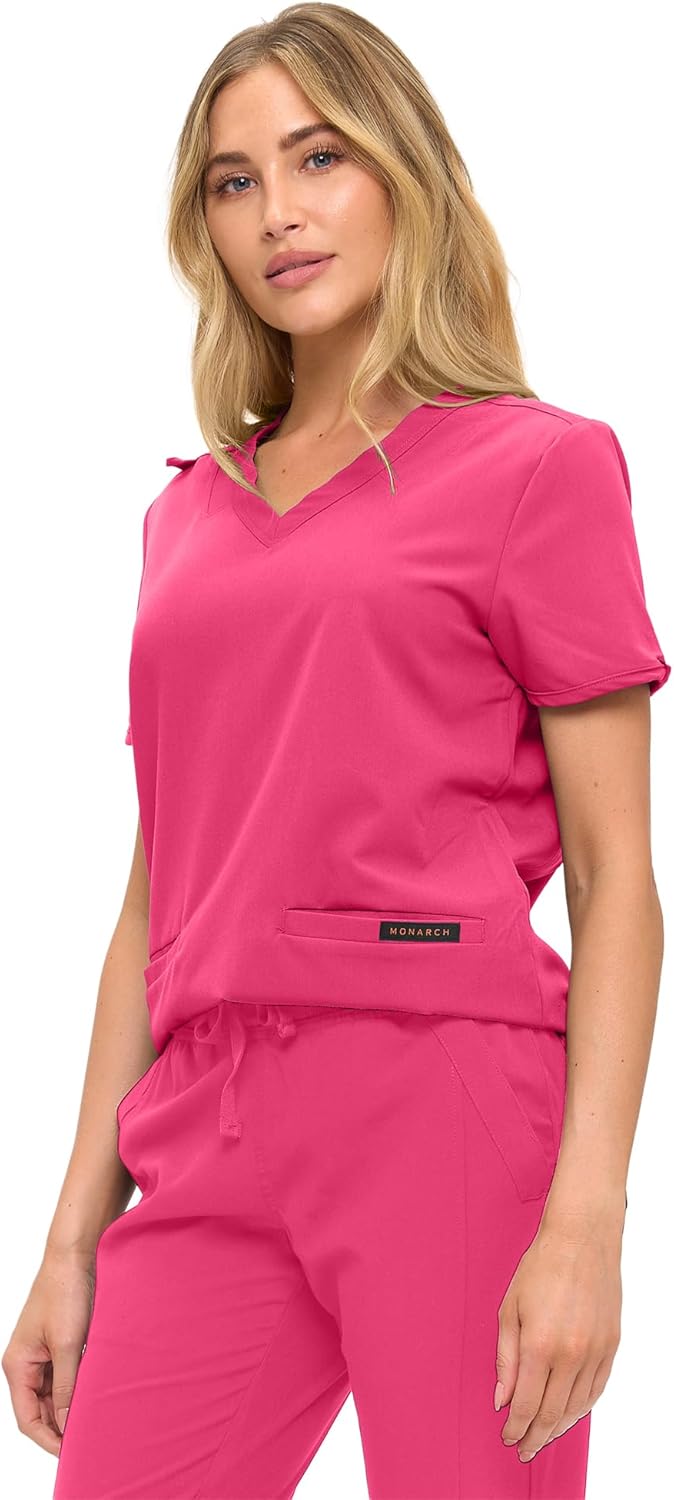 Monarch Uniforms Women's Scrub Top – Comfortable Stretch V-Neck Medical Shirt with Pockets - Hot Pink