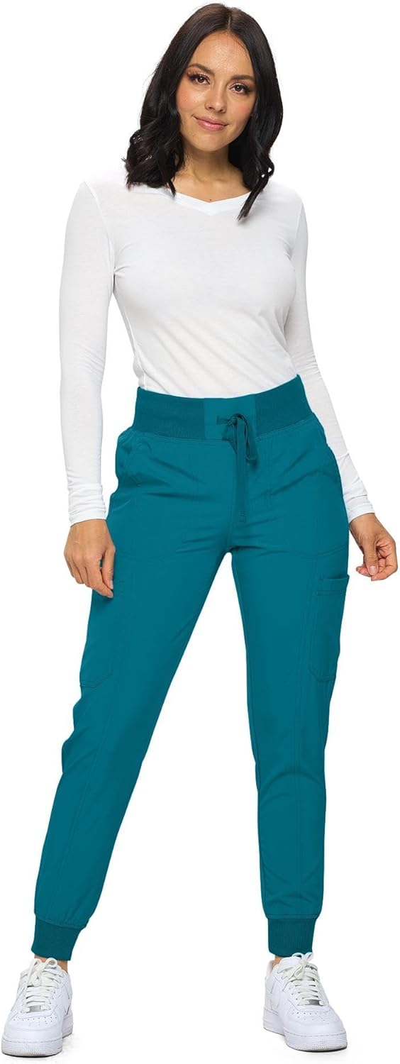 Monarch Uniforms Women's Jogger Scrubs Ribbed Jogger Scrub Pants for Women - Caribbean Blue