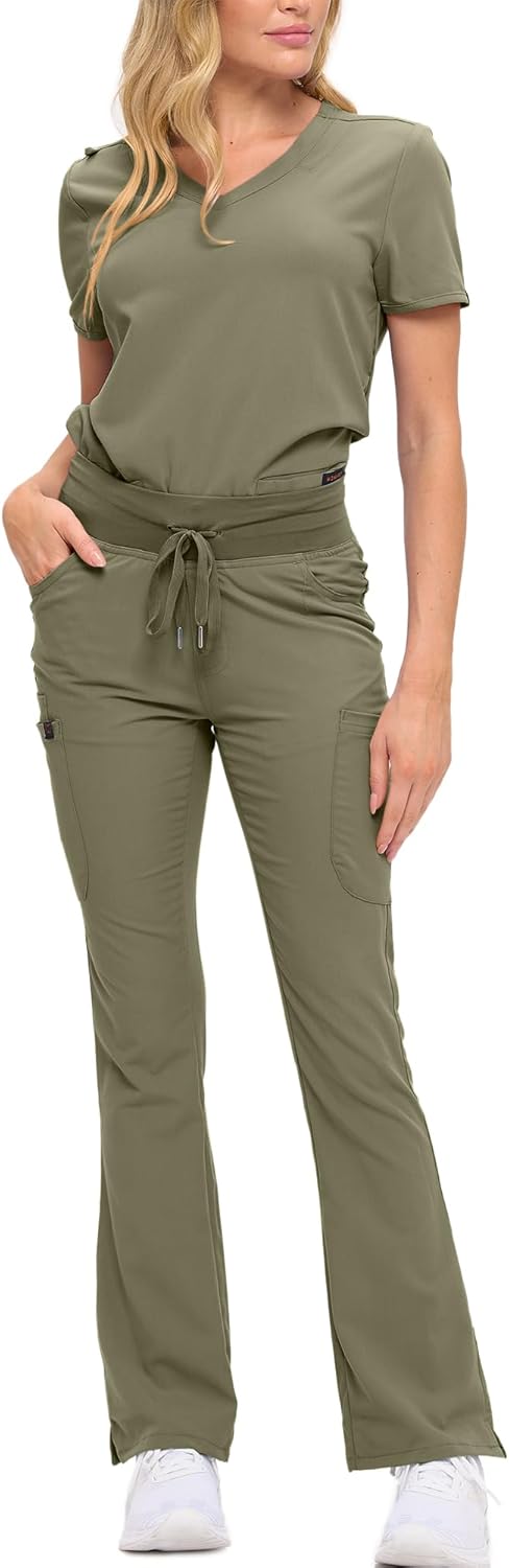 Monarch Uniforms Women's Soft Stretch Scrub Set With Nine Pockets – V-Neck Top & High-Waisted Bootcut Pants - Olive