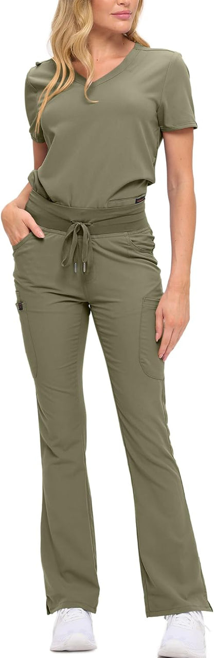 Monarch Uniforms Women's Soft Stretch Scrub Set With Nine Pockets – V-Neck Top & High-Waisted Bootcut Pants - Olive
