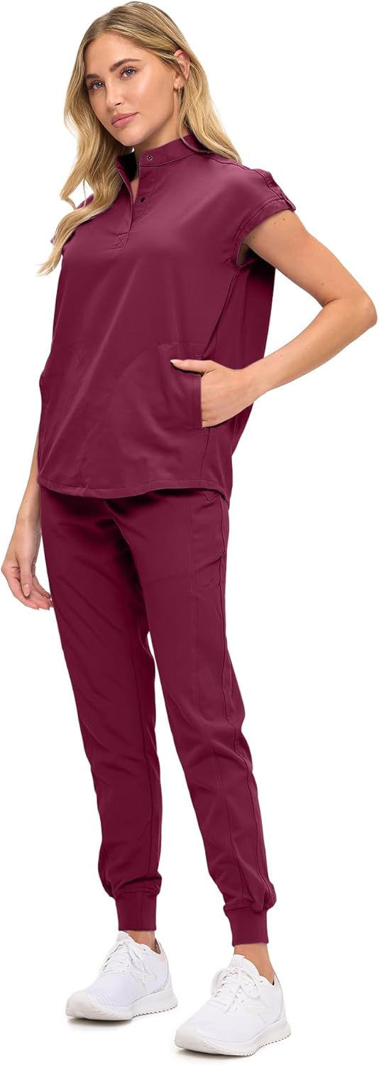 Monarch Uniforms Women's Jogger Scrub Set with Oversized Scrub Top with Mandarin Collar - Burgundy