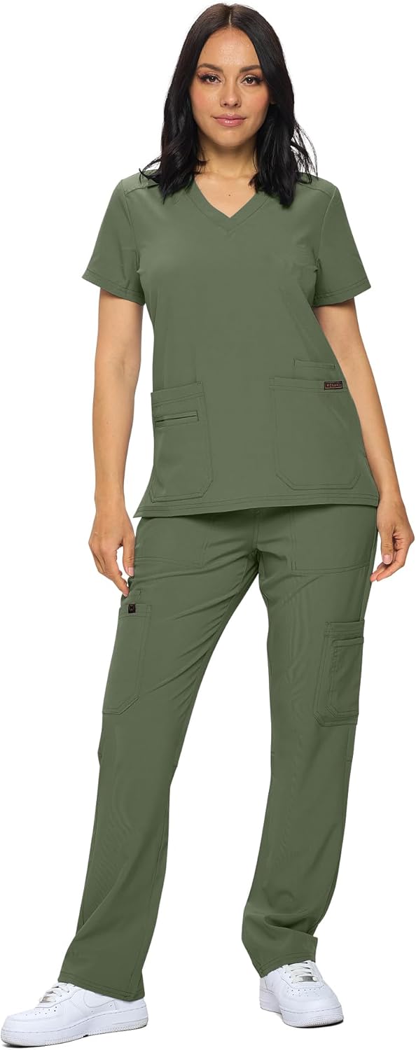 Monarch Uniforms Scrub Sets - Regular & Petite Stretchy Scrubs for Women - Set of Top & Pants - Olive Green