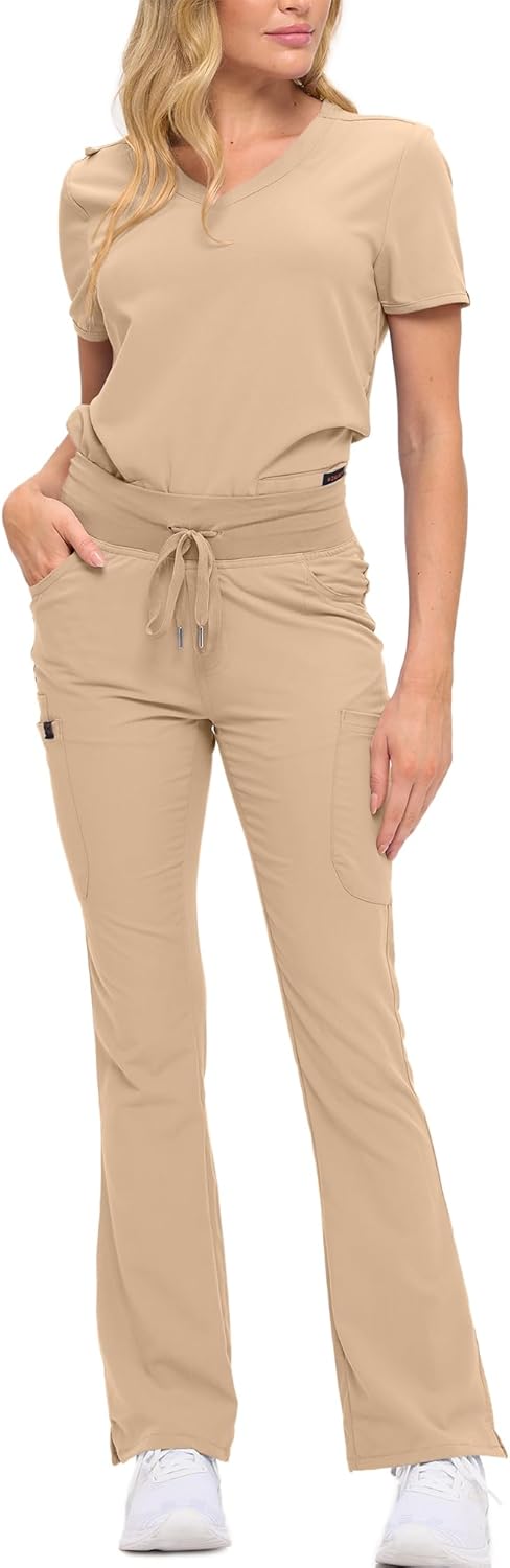 Monarch Uniforms Women's Soft Stretch Scrub Set With Nine Pockets – V-Neck Top & High-Waisted Bootcut Pants - Khaki