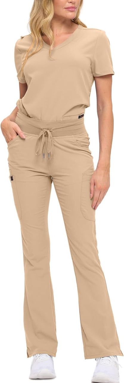 Monarch Uniforms Women's Soft Stretch Scrub Set With Nine Pockets – V-Neck Top & High-Waisted Bootcut Pants - Khaki