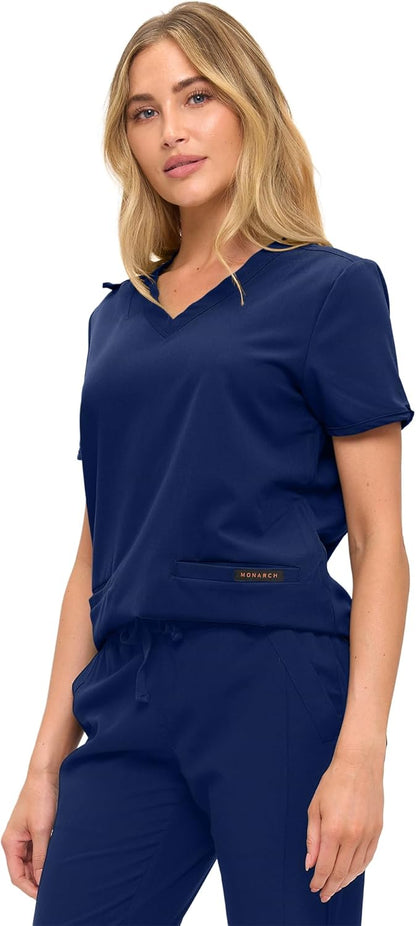 Monarch Uniforms Women's Scrub Top – Comfortable Stretch V-Neck Medical Shirt with Pockets - Navy Blue