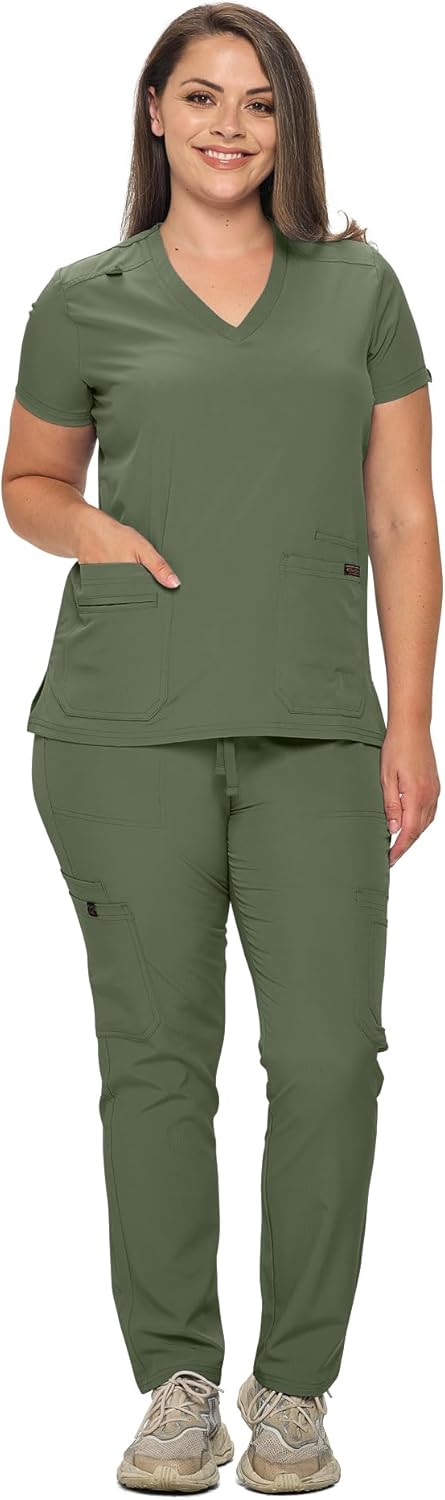 Monarch Uniforms Scrub Sets - Regular & Petite Stretchy Scrubs for Women - Set of Top & Pants - Olive Green