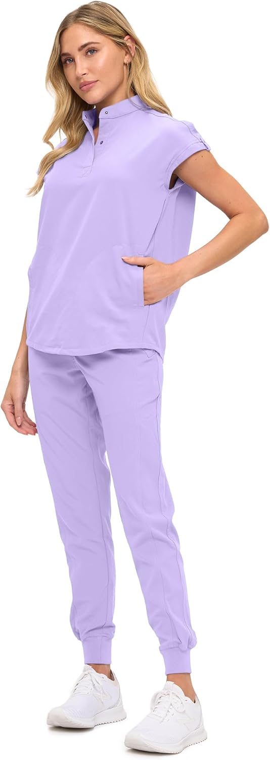 Monarch Uniforms Women's Jogger Scrub Set with Oversized Scrub Top with Mandarin Collar - Lavender