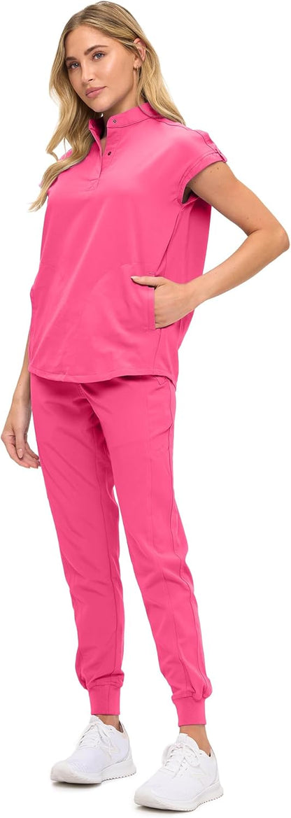 Monarch Uniforms Women's Jogger Scrub Set with Oversized Scrub Top with Mandarin Collar - Hot Pink