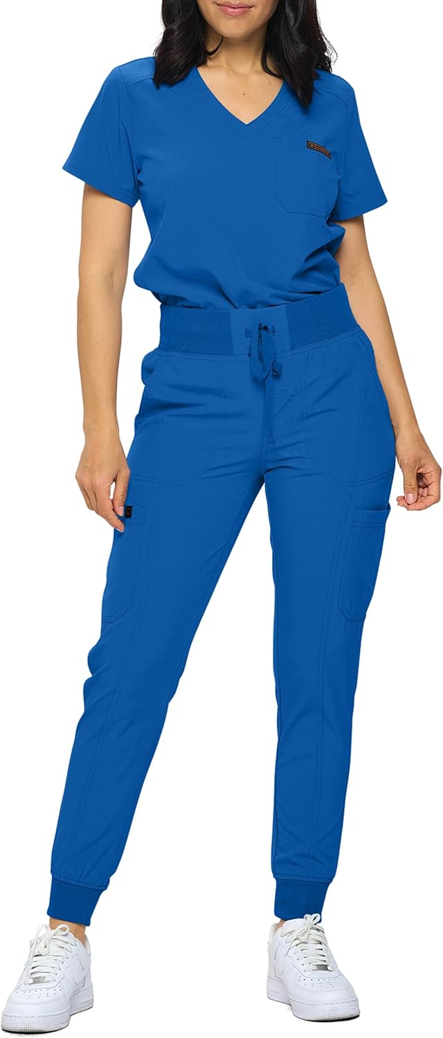 Monarch Uniforms Slim Fit Stretchy Scrubs Women's Jogger Scrub Set with Tuck-In Top - Royal Blue