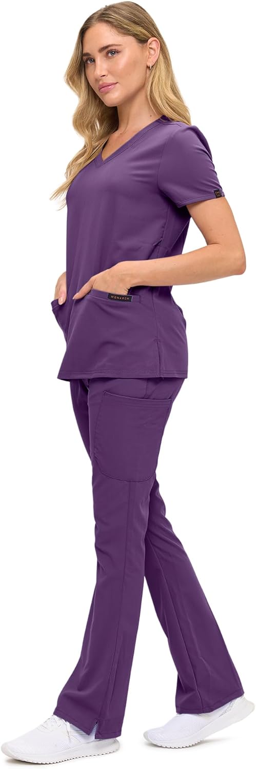 Monarch Uniforms Women's Soft Stretch Scrub Set With Nine Pockets – V-Neck Top & High-Waisted Bootcut Pants - Eggplant