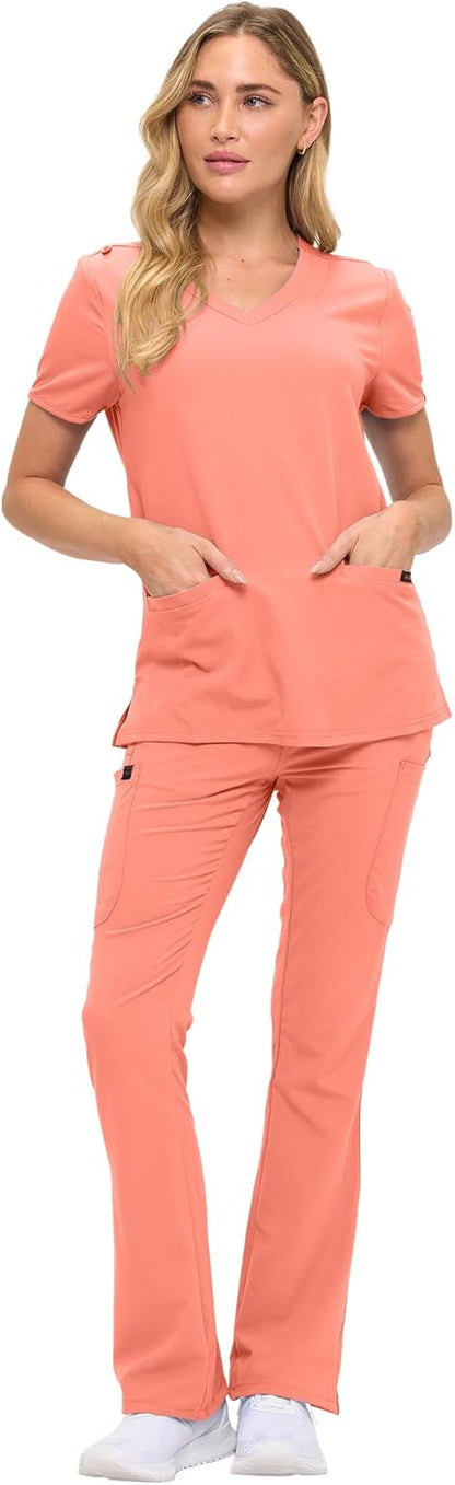 Monarch Uniforms Women's Soft Stretch Scrub Set With Nine Pockets – V-Neck Top & High-Waisted Bootcut Pants - Coral