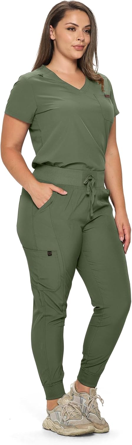 Monarch Uniforms Slim Fit Stretchy Scrubs Women's Jogger Scrub Set with Tuck-In Top - Olive Green