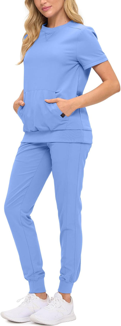 Women’s Scrub Set – Soft Stretch Fabric, Modern Fit Jogger Pants & Crew Neck Top