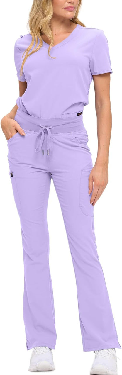 Monarch Uniforms Women's Soft Stretch Scrub Set With Nine Pockets – V-Neck Top & High-Waisted Bootcut Pants - Lavender