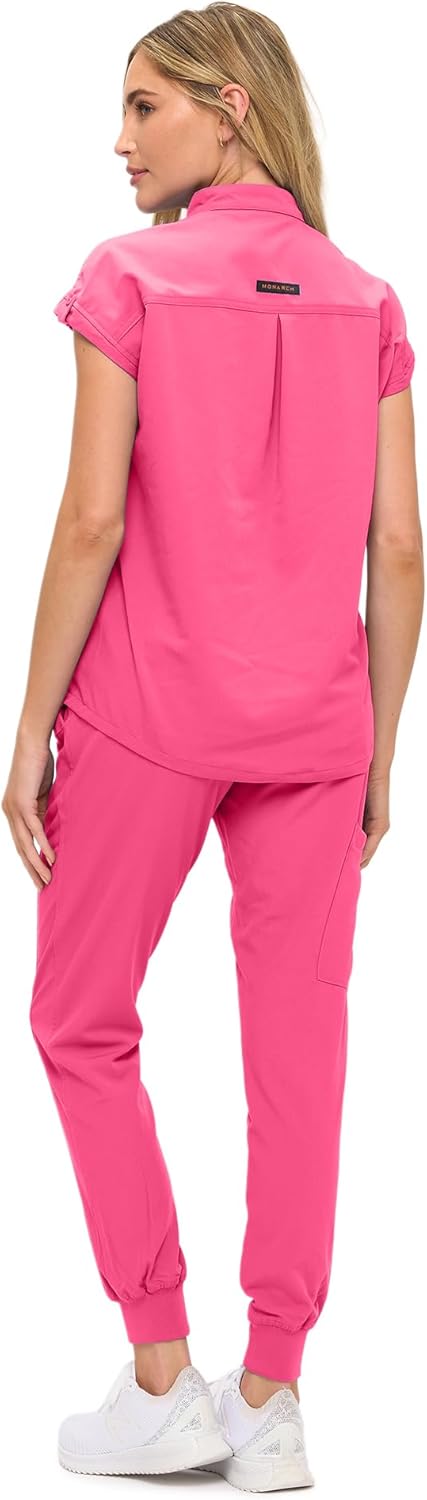 Monarch Uniforms Women's Jogger Scrub Set with Oversized Scrub Top with Mandarin Collar - Hot Pink