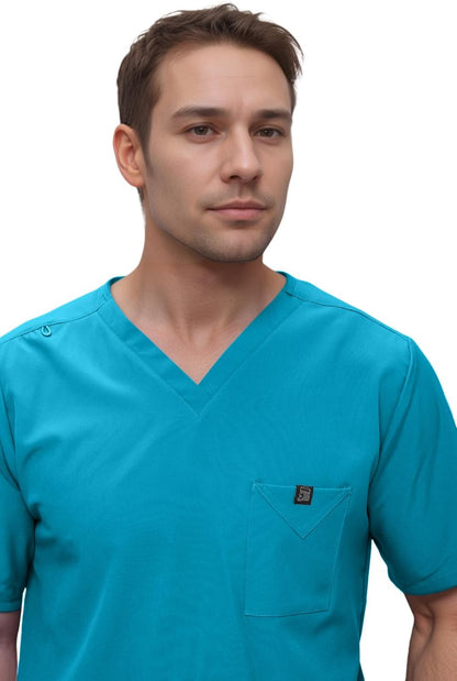 Monarch Uniforms Men's Scrub Set V-Neck Scrub Sets with Nine Large Pockets - Caribbean Blue