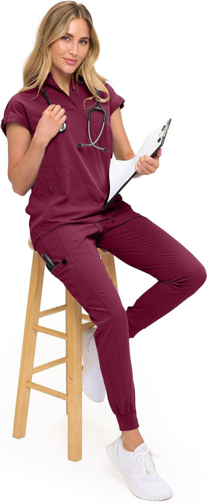 Monarch Uniforms Women's Jogger Scrub Set with Oversized Scrub Top with Mandarin Collar - Burgundy