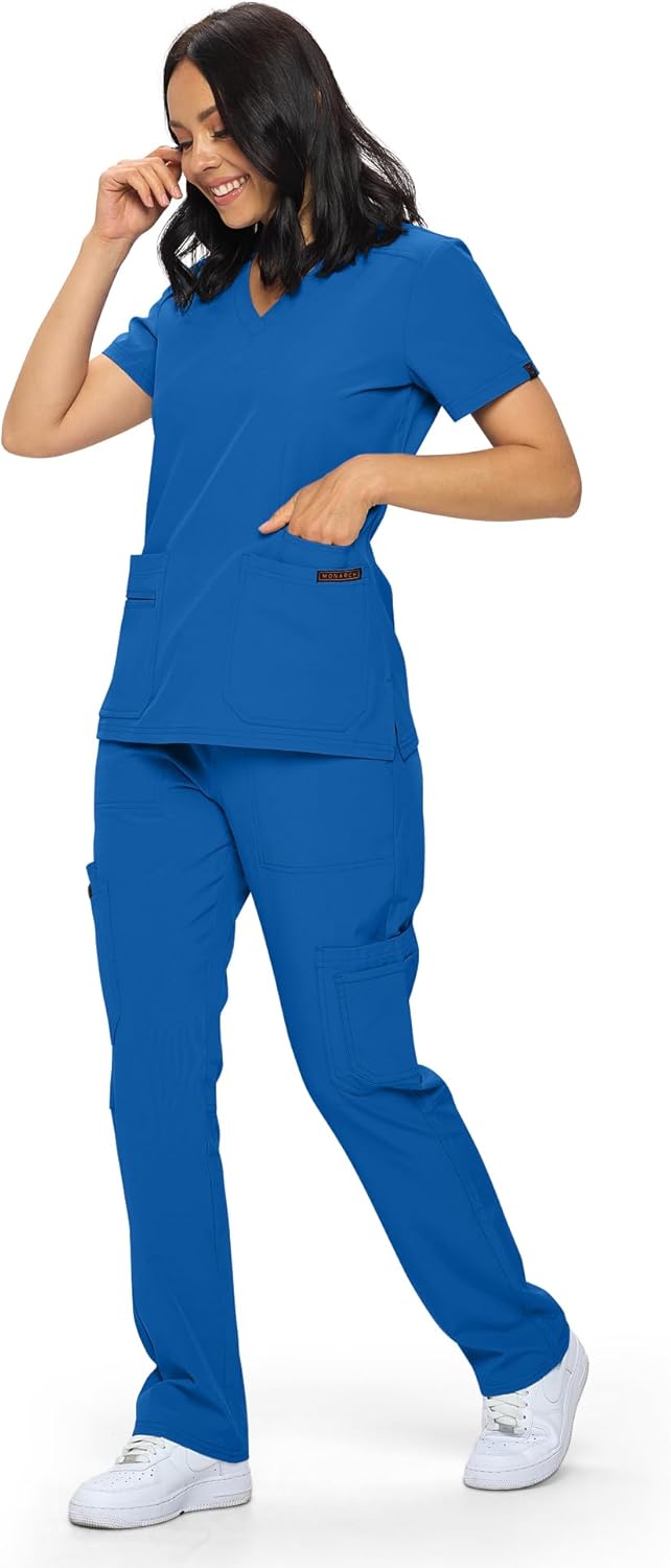 Monarch Uniforms Scrub Sets - Regular & Petite Stretchy Scrubs for Women - Set of Top & Pants - Royal Blue