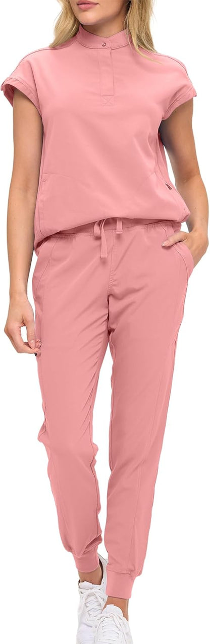 Monarch Uniforms Women's Jogger Scrub Set with Oversized Scrub Top with Mandarin Collar - Mauve