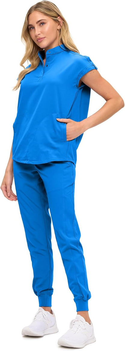 Monarch Uniforms Women's Jogger Scrub Set with Oversized Scrub Top with Mandarin Collar - Royal Blue
