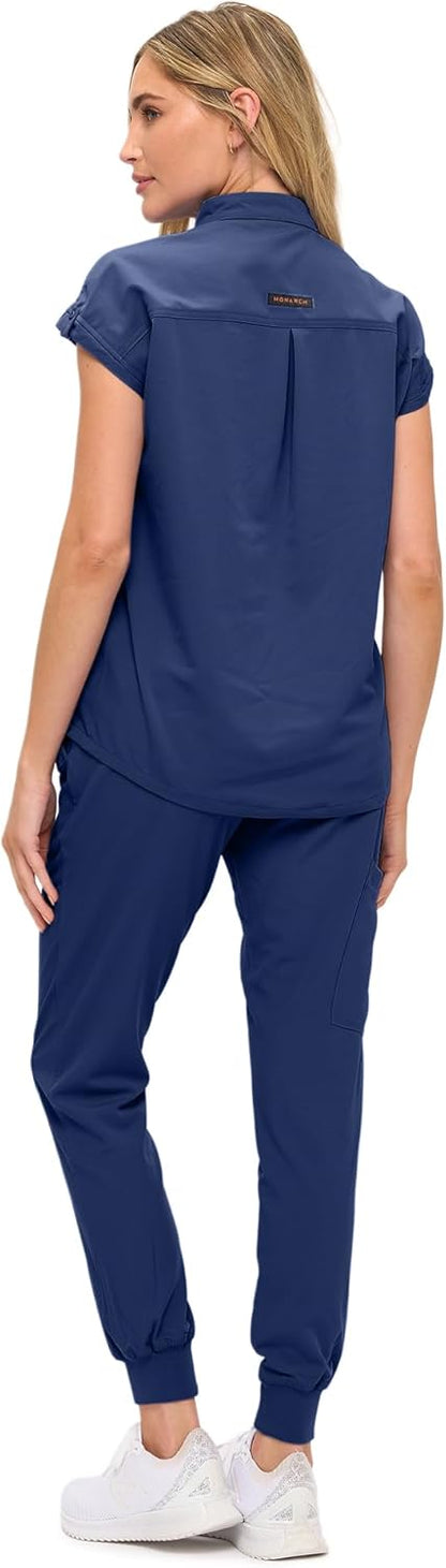 Monarch Uniforms Women's Jogger Scrub Set with Oversized Scrub Top with Mandarin Collar - Navy Blue