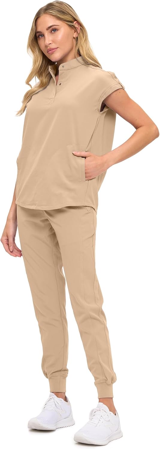 Monarch Uniforms Women's Jogger Scrub Set with Oversized Scrub Top with Mandarin Collar - Khaki