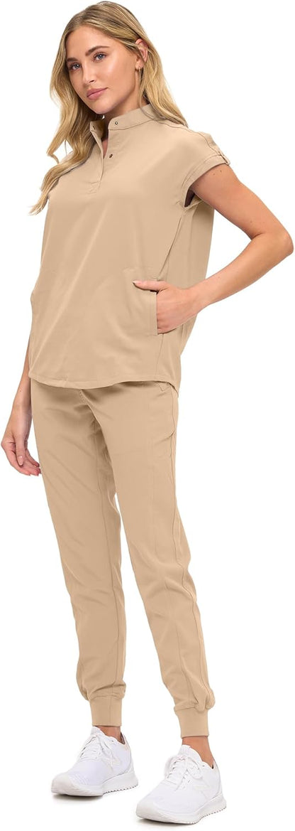 Monarch Uniforms Women's Jogger Scrub Set with Oversized Scrub Top with Mandarin Collar - Khaki