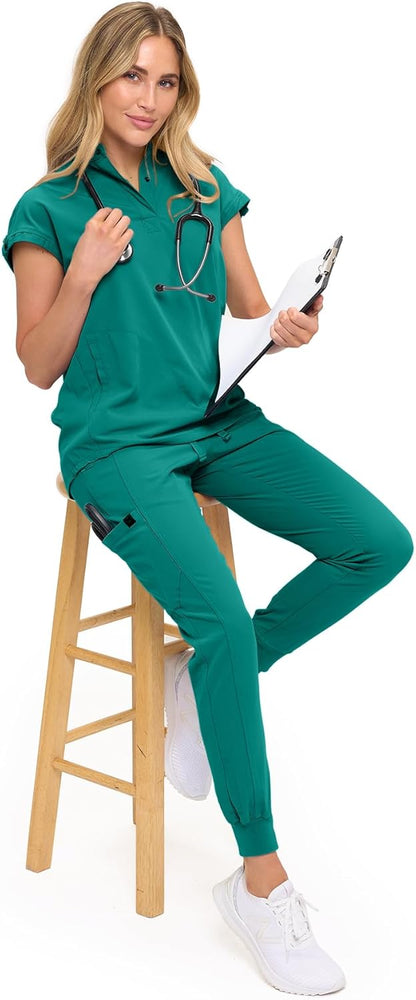 Monarch Uniforms Women's Jogger Scrub Set with Oversized Scrub Top with Mandarin Collar - True Hunter Green